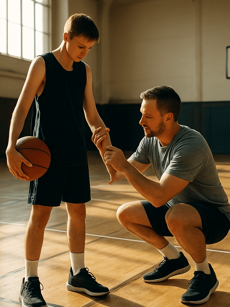Court-floor level wide shot, a coach crouching beside a youth athlete at the net, hands adjusting the player's arm position, natural gym daylight from high side windows casting clean shadows on the hardwood court lines below