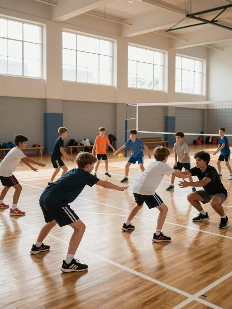 Court-floor level wide shot inside a clean gymnasium, a group of young players ages 8–12 in athletic gear practicing a forearm pass drill, arms extended and bodies low, a coach crouching nearby demonstrating form, bright natural light streaming from high gym windows, court lines and net visible in the background
