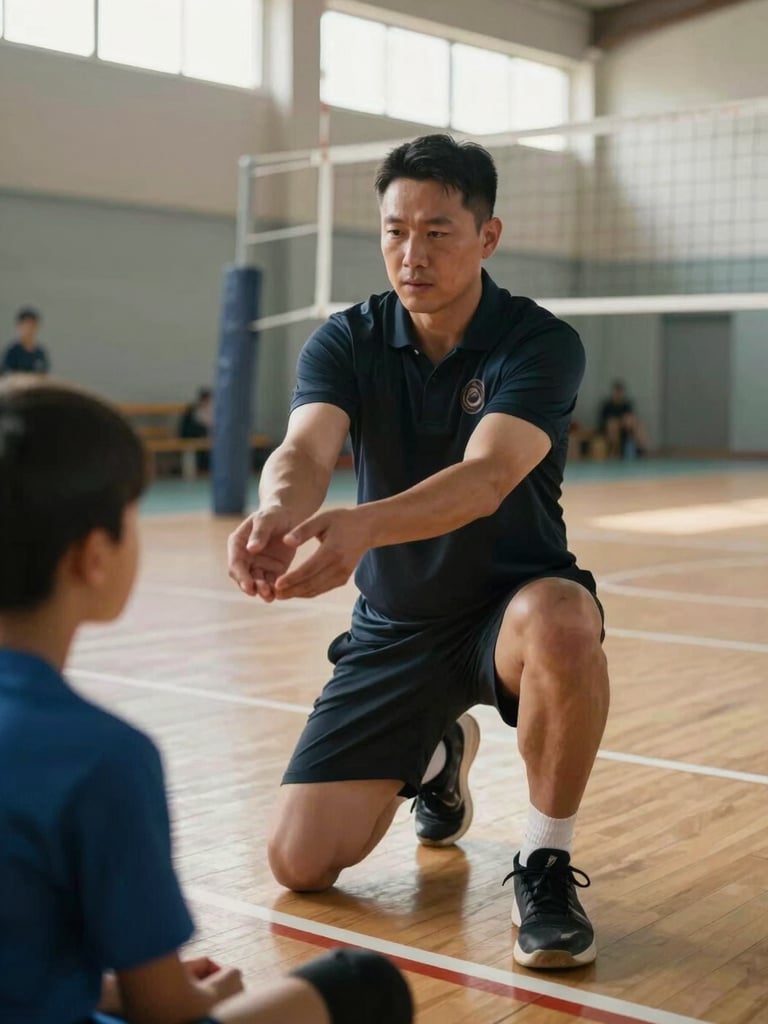 Court-floor level wide frame, a volleyball coach in a dark polo kneeling beside a young athlete demonstrating proper hand position for setting, natural gym daylight from high windows, court lines and net visible in the background, motion-frozen close-up of hands and forearms in sharp focus
