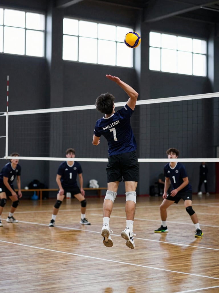 Court-floor level wide shot, competitive volleyball player mid-air spike approach, arm cocked high above net, gymnasium with high windows flooding in natural light, court lines sharp in foreground, teammates in defensive stance behind, motion-frozen by strobe, background compressed to dark charcoal