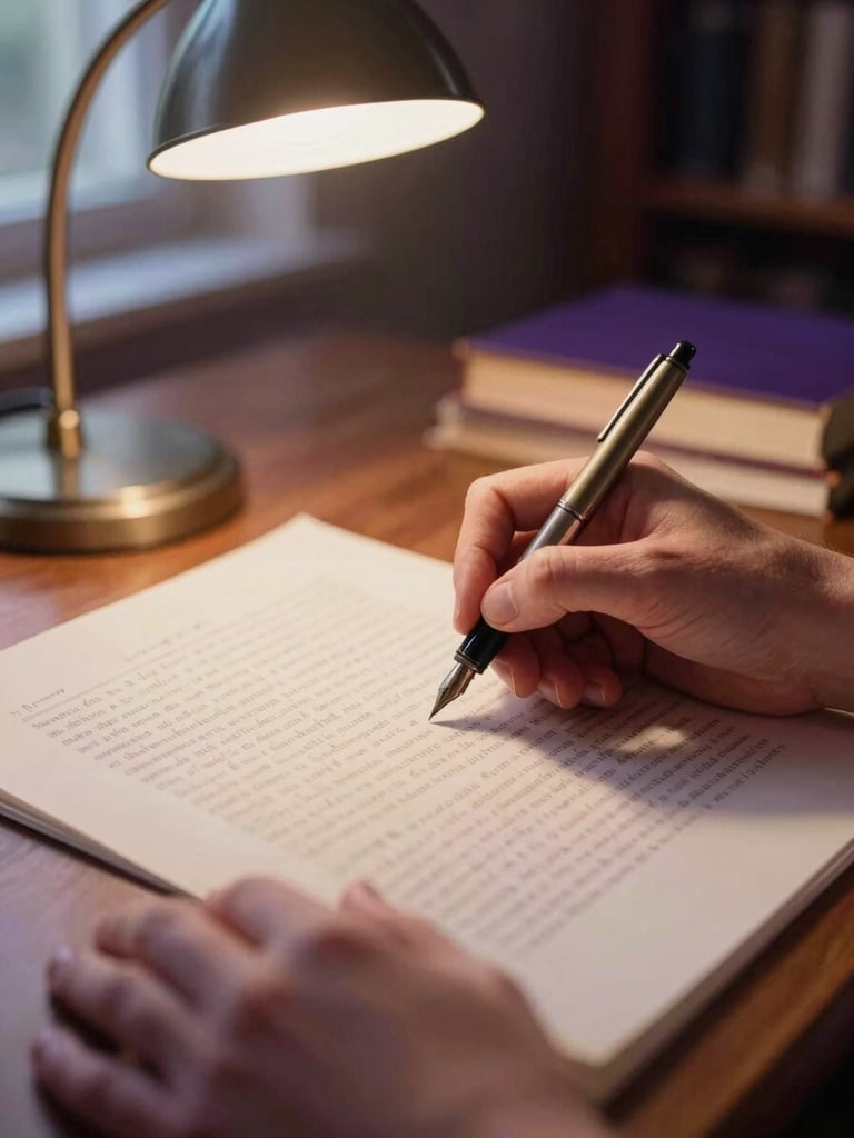 Hands marking up a physical manuscript with a fountain pen, warm desk lamp lighting, focus on paper texture.