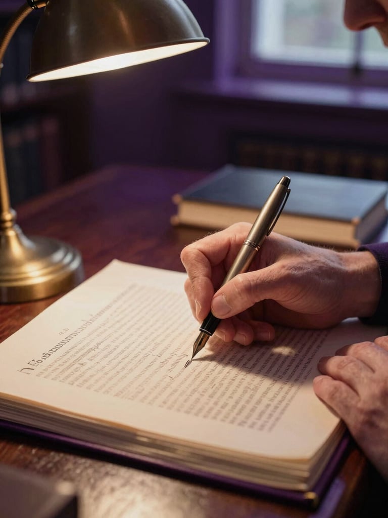 A close-up photograph of a scholar's hands marking up a physical manuscript with a fountain pen, warm desk lamp light, rich royal violet shadows, shallow depth of field, 35mm scholarly editorial style