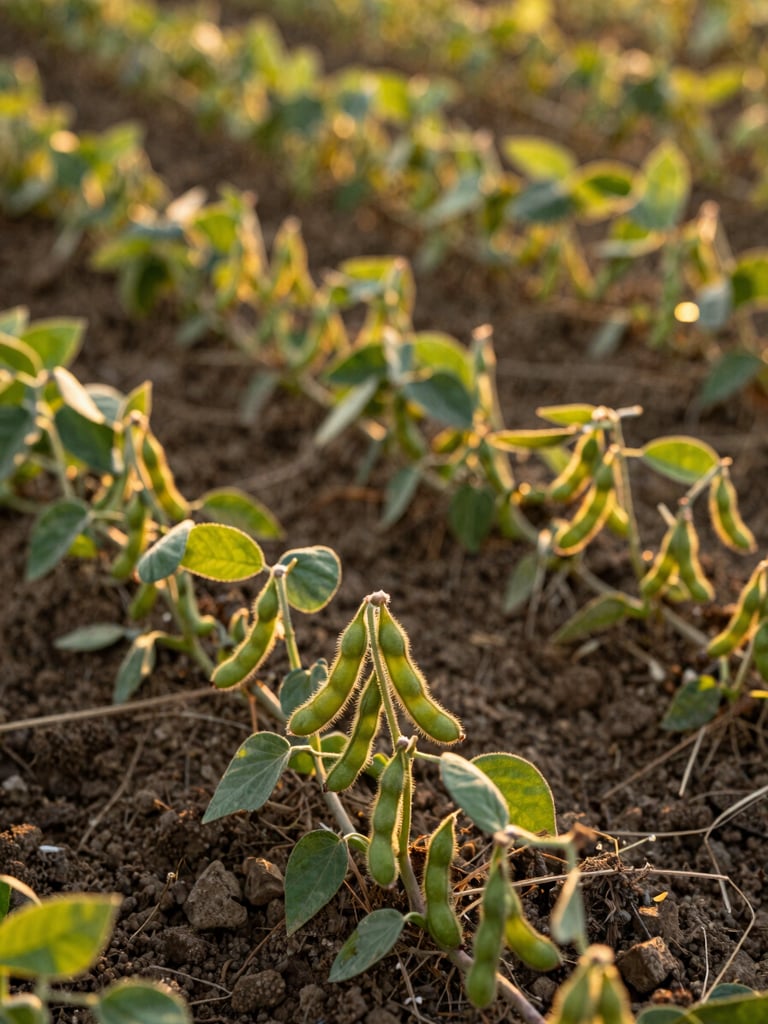 Close-up macro shot of healthy green soy plants with mature pods, warm golden hour sunlight, low-angle natural light, rich soil texture visible