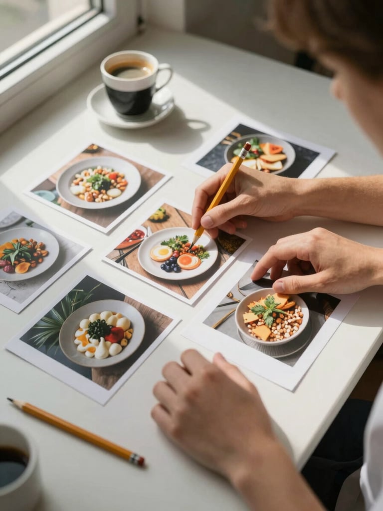 Close environmental shot from slightly above: agency team member's hands arranging a mood board on a pale table—printed food photographs, a pencil, a small espresso cup at the edge, north window light casting soft shadows across the layout, grain and texture intentional