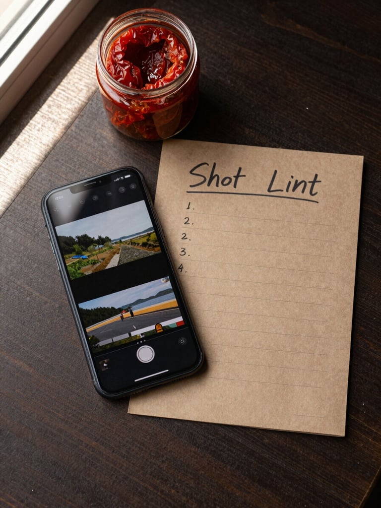 Overhead flat-lay on a dark wooden surface: a phone screen open to a half-edited video timeline, a scribbled shot list on kraft paper beside it, a small jar of sun-dried tomatoes in the upper corner, golden-hour window light slanting across the scene, no people visible, natural grain