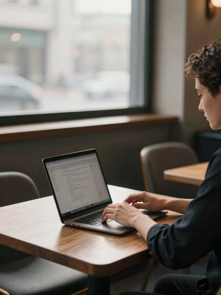 Portrait-orientation editorial photograph of an agency staffer reviewing a laptop screen in the corner of a quiet restaurant dining room—chairs around them, afternoon light through a frosted window casting a soft rectangle across the table, no face visible, hands on keyboard