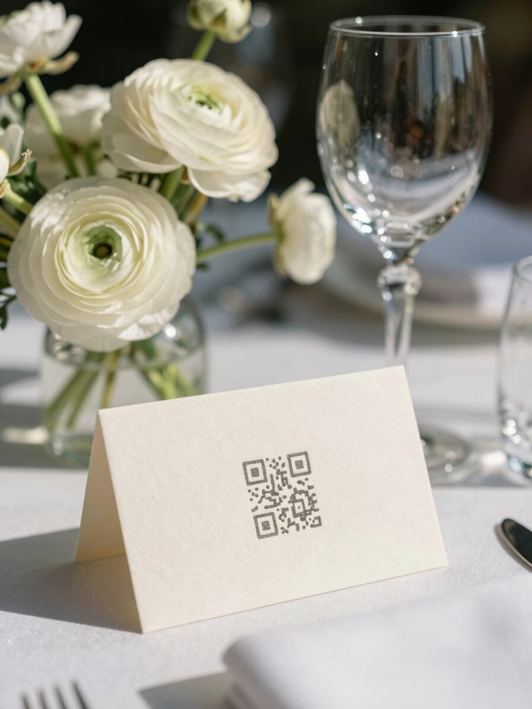 A portrait orientation shot of an elegant wedding tablescape, soft natural daylight, focusing on a beautifully textured ivory place card with a subtle QR code resting next to a crystal wine glass and delicate white ranunculus.