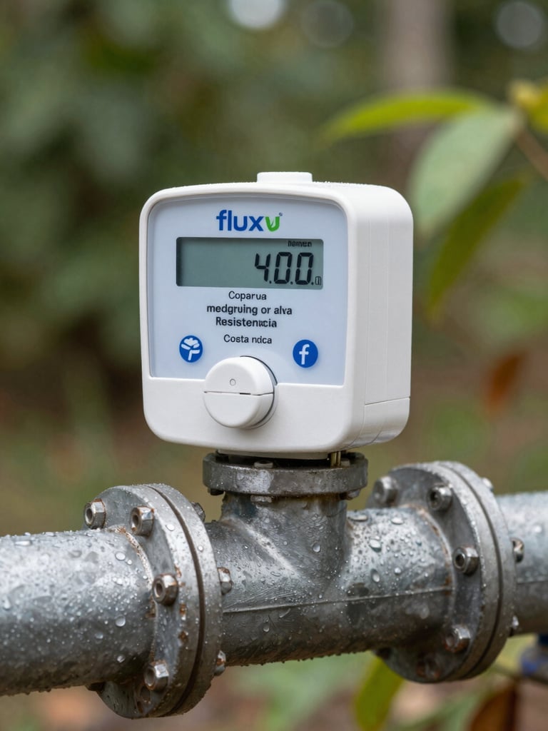 Primer plano macro de un medidor de agua inteligente fluxvu de alta resistencia instalado en una tubería industrial de metal, iluminación natural brillante de Costa Rica