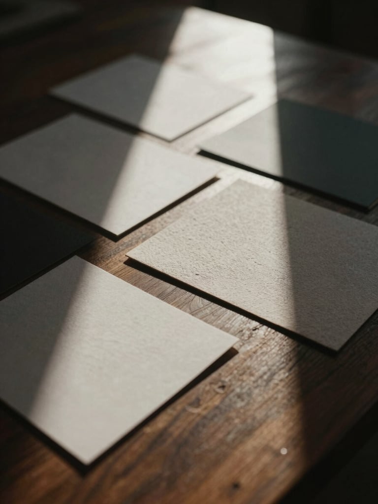 Close-up of tactile high-end design materials, textured paper samples, and minimalist editorial layouts on a dark wooden table, dramatic side light, deep shadows, desaturated warm tones, 35mm film