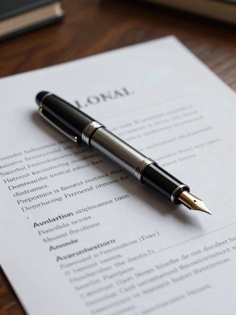 Close-up of a fountain pen resting on a detailed legal document, dramatic side-lighting, dark wood desk background, sober atmosphere