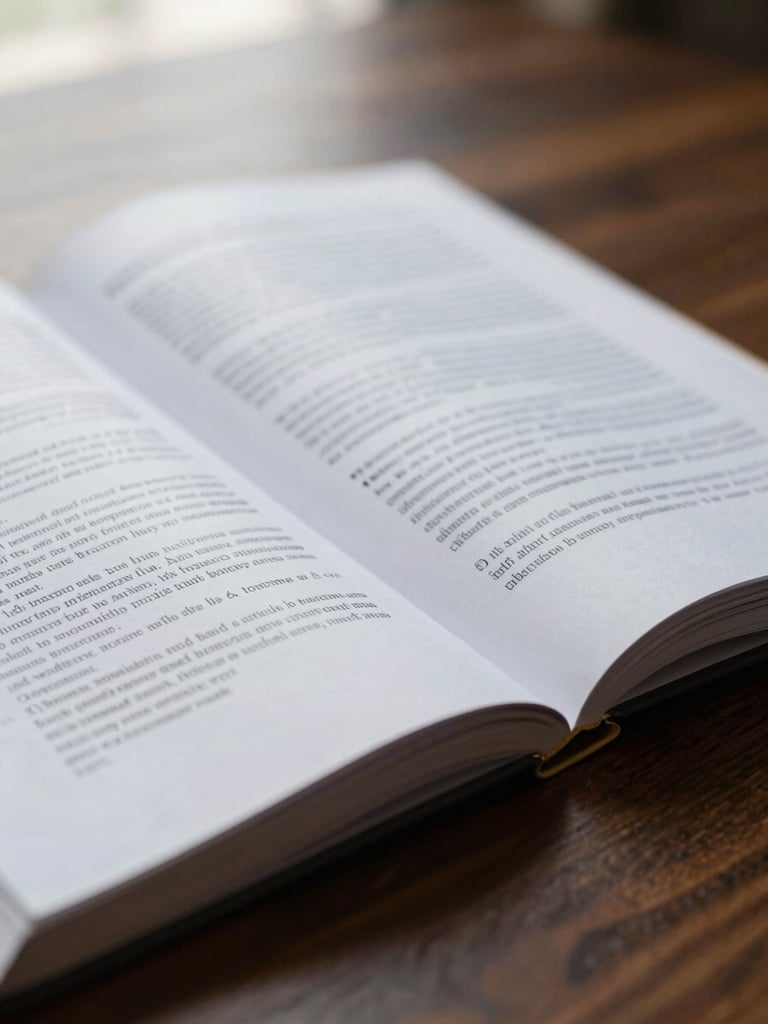 Macro detail of open legal briefs on a dark wooden desk under soft window light, sober atmosphere.