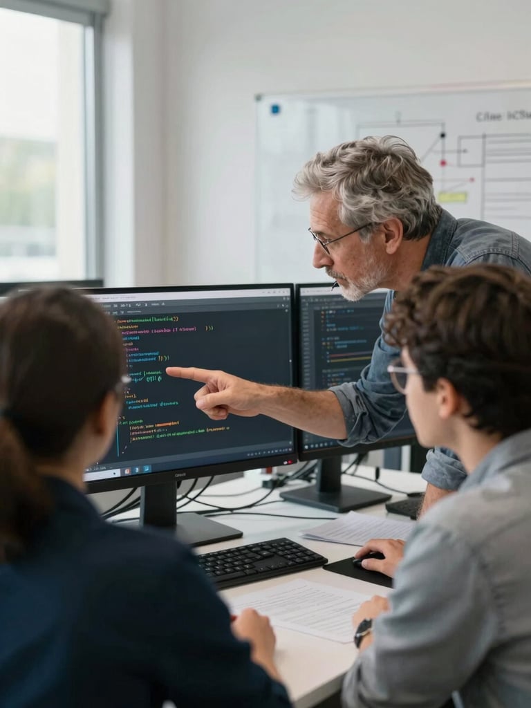 Over-shoulder code review: a senior developer pointing at a terminal error on a junior's screen, both leaning over a workstation, natural window light from the left, whiteboard with architecture diagrams visible in the background