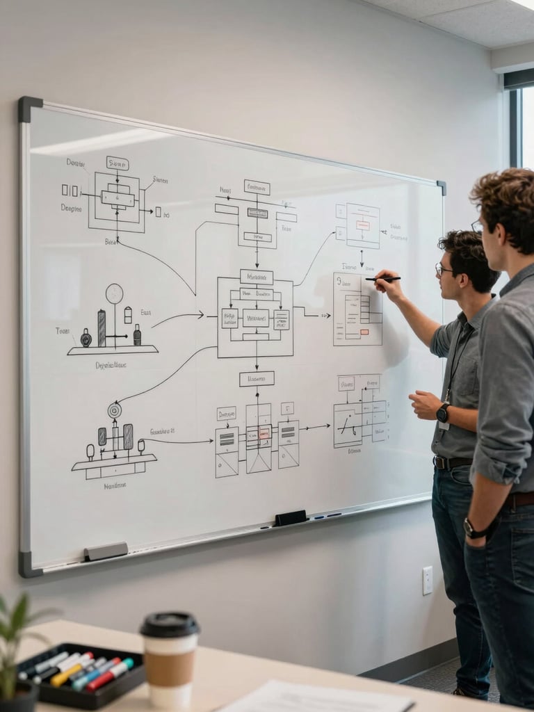 Wide shot of a physical whiteboard covered in system architecture sketches and deployment flow diagrams, two developers standing to the right reviewing notes, natural office light from left, dry-erase markers on the tray, coffee cups on a nearby desk