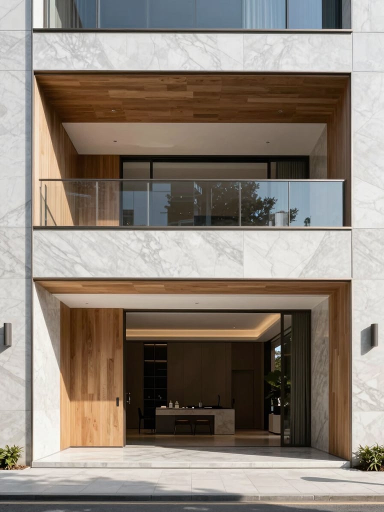 Straight-on architectural elevation of a modern luxury penthouse interior, sharp natural daylight casting clean shadows on marble and raw oak finishes, 35mm photography
