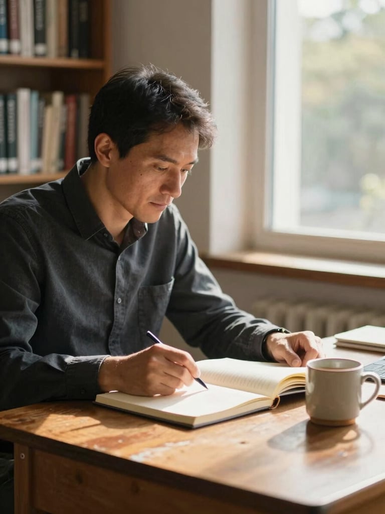 Close environmental frame: a coach at a worn wooden desk near a large window, morning light falling across an open notebook and a ceramic mug, hands resting on the page, out-of-focus bookshelves behind, warm natural tones, unhurried stillness