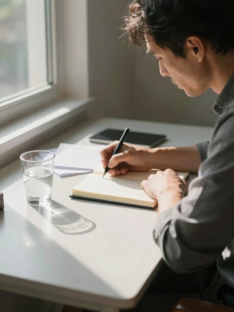 Environmental wide shot — a person in their mid-forties seated at a small desk near a sunlit window, writing in an open notebook, morning light casting long soft shadows across the desk surface, a half-filled glass of water and a few loose papers nearby, unhurried and still