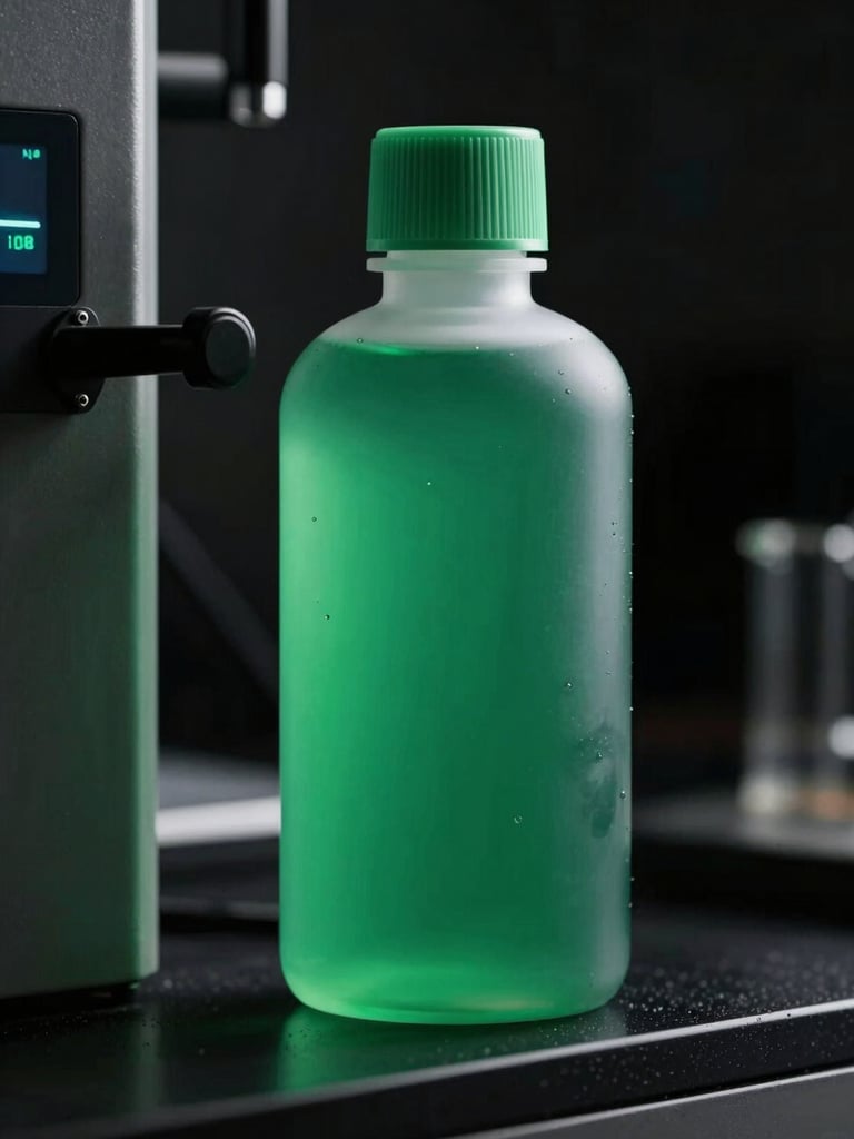 Macro studio shot of a translucent green resin bottle next to laboratory liquid chromatography equipment, dramatic lighting with emerald green accents