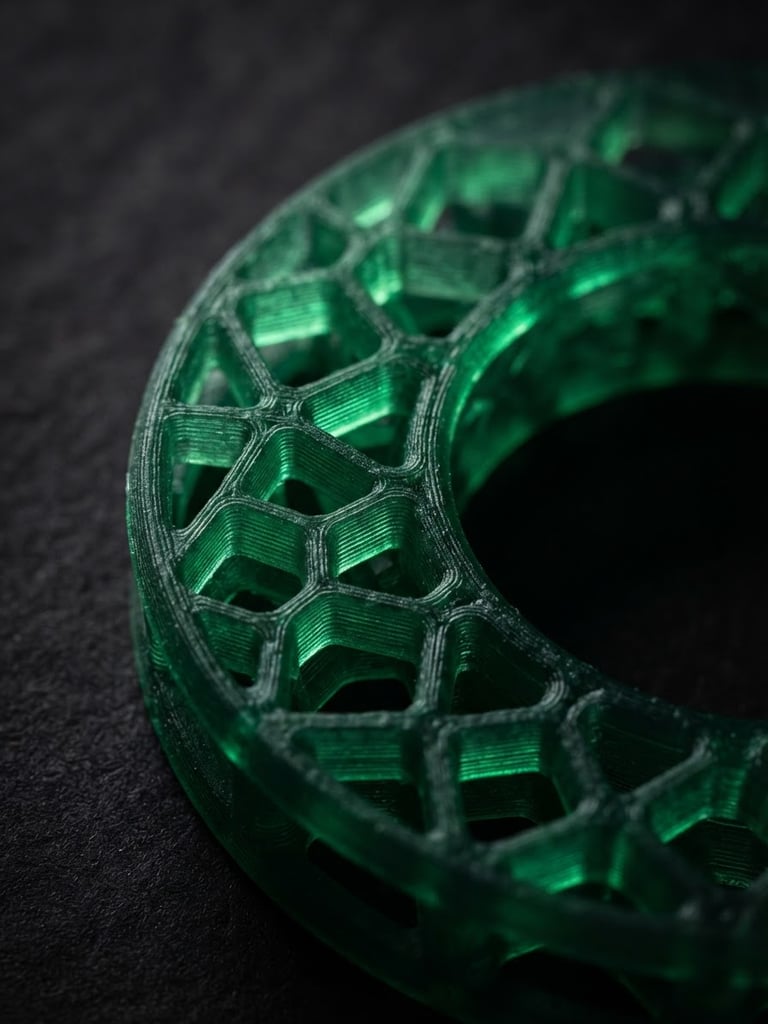 Macro studio shot of a translucent green 3D printed resin ring pattern, showing precise micron-level layer lines, dramatic low-key lighting with sharp emerald edge highlights on a dark charcoal background.