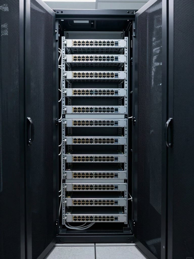 Wide environmental shot of an office server room with installed rack-mounted network switches and patch panels, overhead fluorescent lighting, cable management visible, no people present, taken from the doorway to show full context and scale
