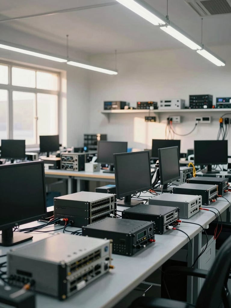 Wide shot of a tidy technical workshop interior, rows of networking equipment and monitors on workbenches under bright overhead shop lighting, cables organized on the right wall, no people, natural daylight from a side window casting soft shadows on the equipment