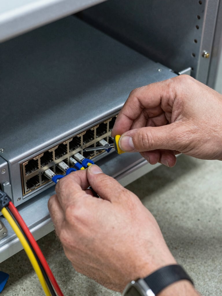 Close-up of a technician's hands installing a network switch into a rack mount, overhead shop lighting, visible screwdriver and cable ties on the side, equipment labels clearly readable, concrete floor visible below the rack
