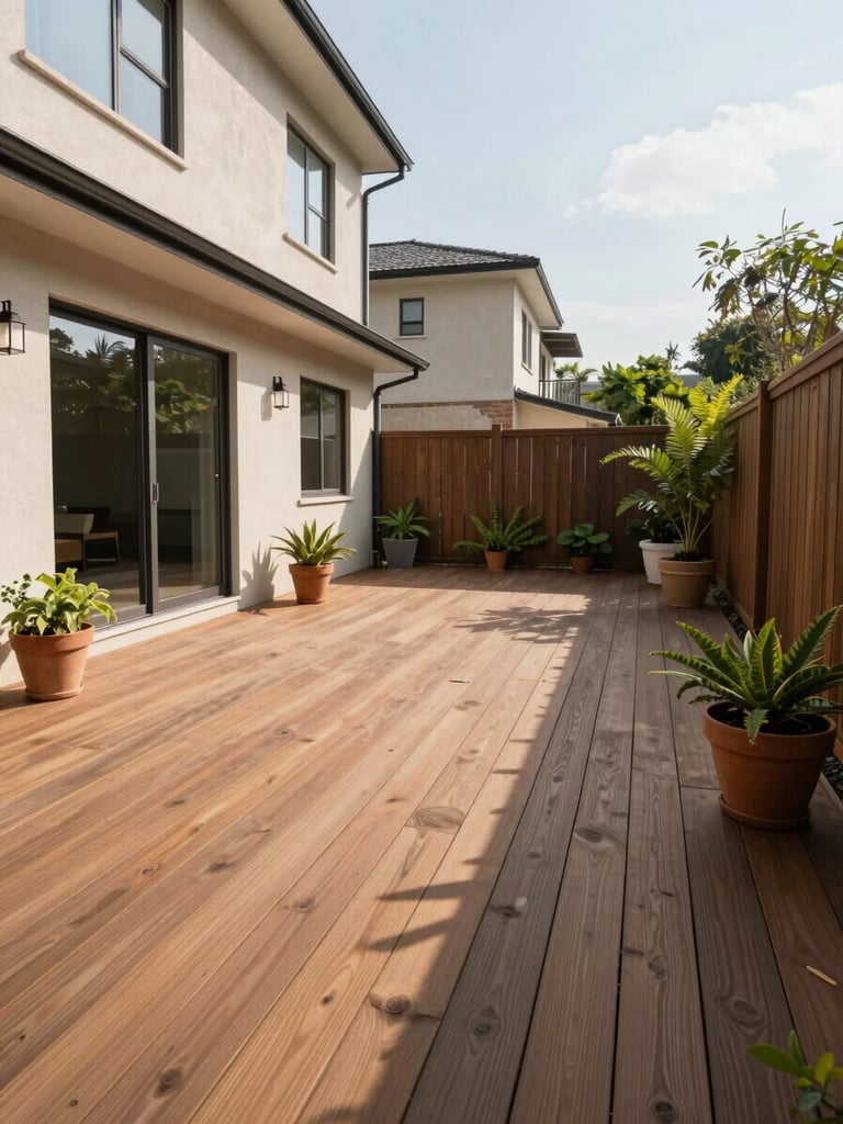 Wide environmental shot of a finished residential backyard patio in natural afternoon daylight — a wood-decked seating area with potted plants in use, neighboring fence visible at the right edge, house exterior behind, no staging or props, photographed from ground level at a slight angle to show depth and scale