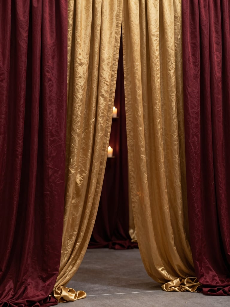 Close-up environmental shot, left-edge bleed, of a richly draped burgundy and gold fabric installation mid-event — cascading silk panels framing a mandap entrance, warm ambient candlelight catching the textile weave, no people, full height