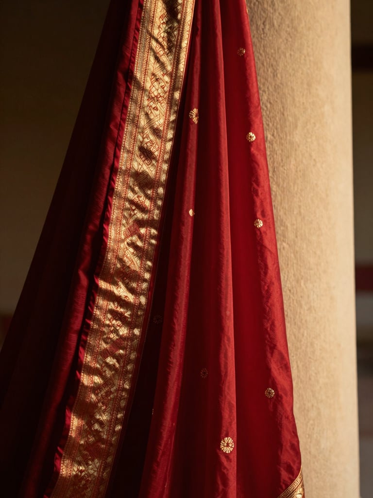 Close-up of richly draped crimson and gold silk fabric cascading from a mandap column, soft golden ambient light catching the textile weave, right-frame composition with deep shadow on the left edge