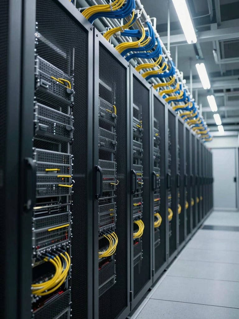 Wide environmental shot of a live data center corridor, extreme-left framing, dense GPU server racks filling the frame, fiber optic cables bundled and routed overhead, cool white fluorescent lighting casting hard shadows on steel chassis faces