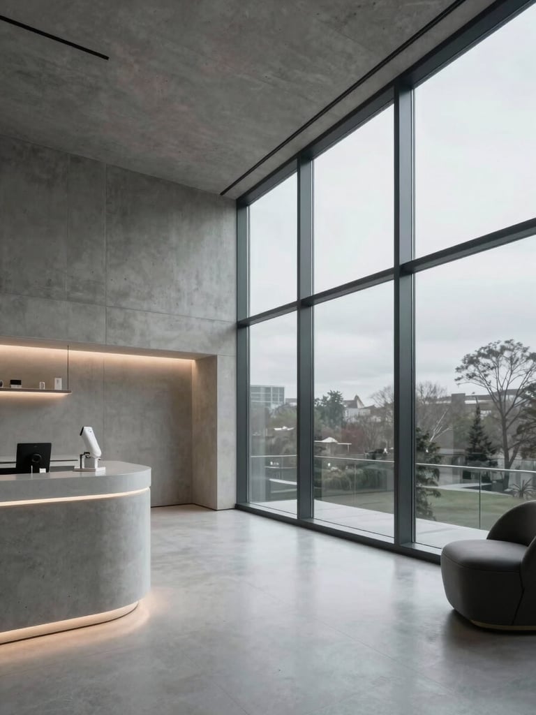 Wide interior shot of a modern luxury medical clinic, minimalist design, concrete walls, soft cool-toned lighting, large glass windows with overcast daylight.