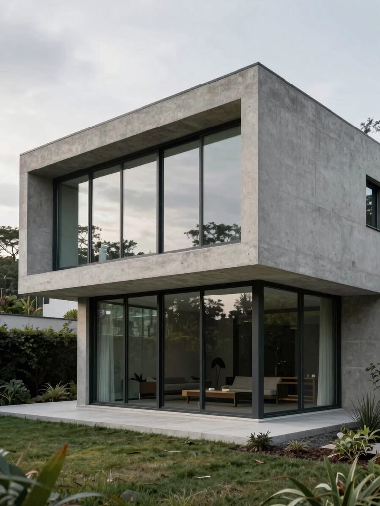Modern architectural concrete home with large glass windows, overcast natural light, cool tones, clean lines, minimalist landscaping