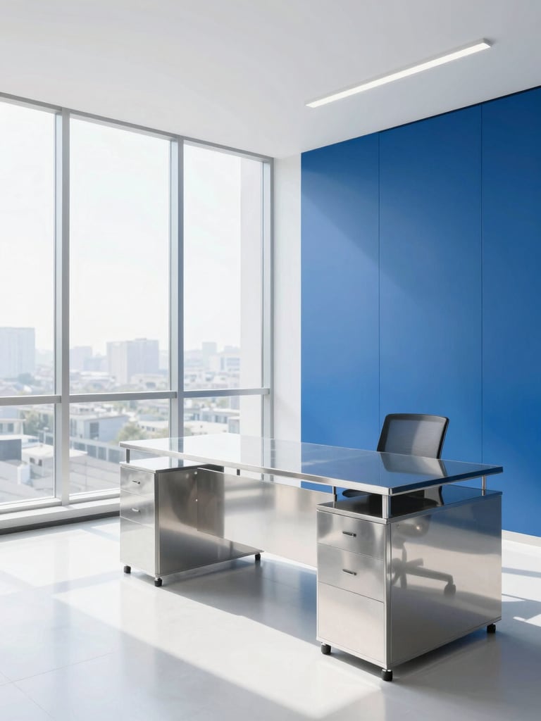 Bright high-key interior photography of a spotless modern office workspace, gleaming stainless steel and glass surfaces, crisp clean daylight, sharp focus