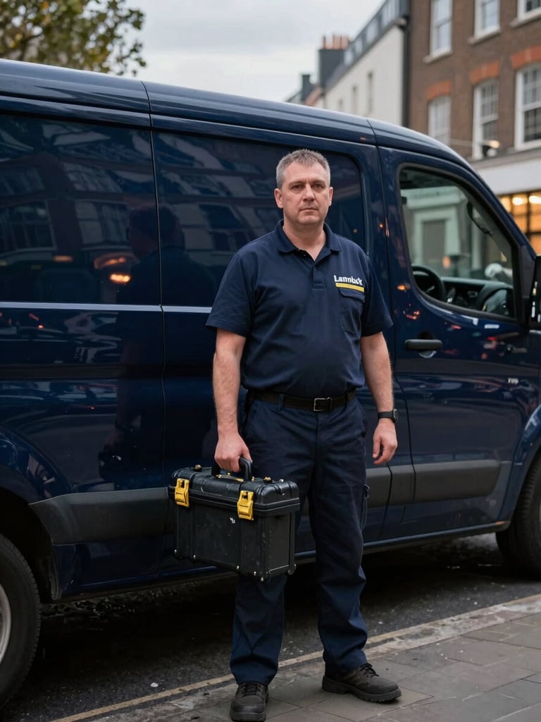 A professional London locksmith technician standing next to a dark blue service van on a London street at dusk, holding a neat tool case, authentic portrait, realistic lighting.