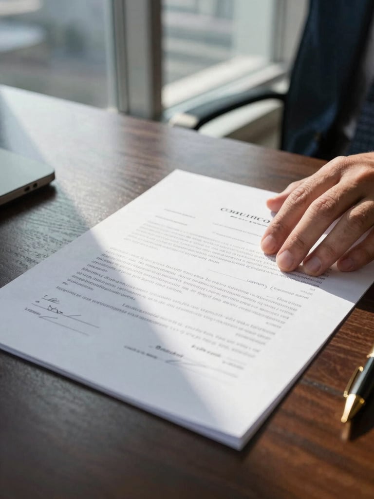 Close-up of a hand resting on a freshly signed civil contract on a dark wooden desk, natural daylight from a tall office window raking across the document surface, gold pen visible at the edge of the frame, paper texture sharp in focus