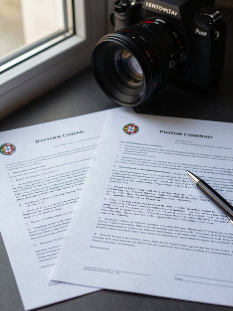 Close-up of a bilingual cross-border contract on a desk surface, two pages side by side showing Portuguese and English legal clauses, a pen resting at the margin, soft natural window light from the left, shallow depth of field