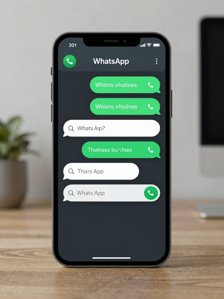 A high-fidelity UI mockup of a custom WhatsApp chat flow on a mobile screen, displaying automated business responses, cool-toned daylight lighting, minimalist workspace background.