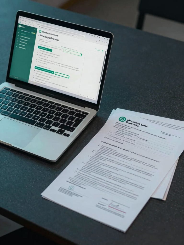 Tight overhead shot of a sleek modern laptop displaying a custom WhatsApp Business automation flow chart, next to official corporate registration documents on a dark slate desk, cool electric teal ambient glow.