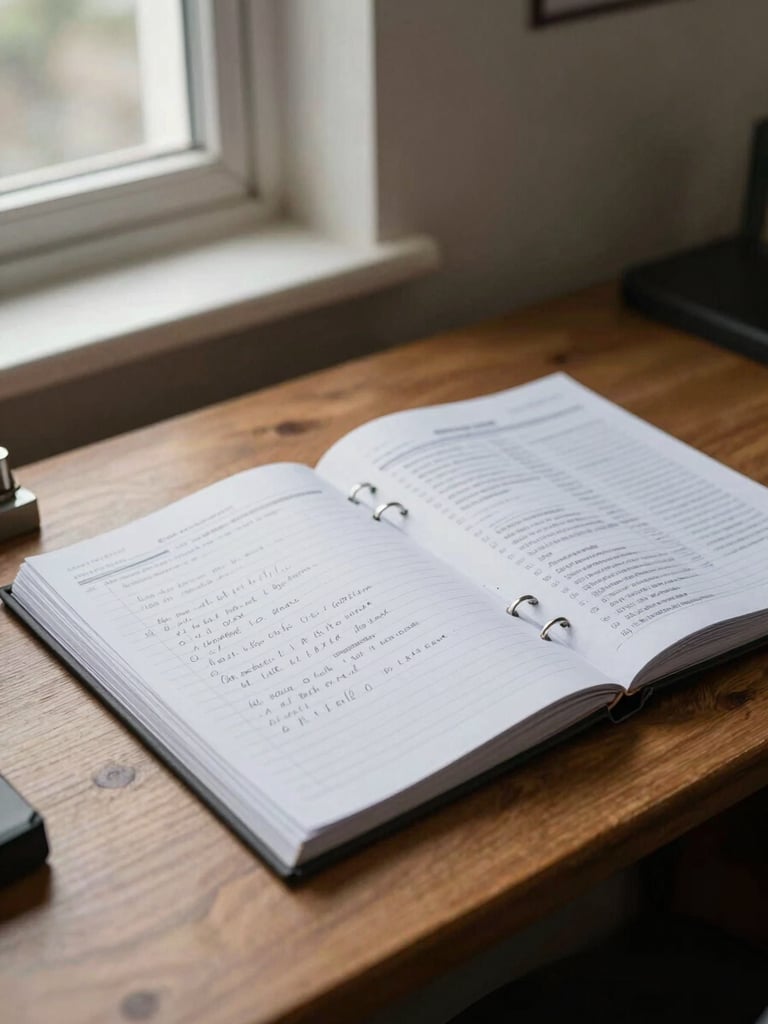 Close environmental shot of a wooden desk surface in a port chaplaincy office, an open ring-bound manual with hand-written margin notes visible, a printed directory beside it, overcast window light from the left, no person present, documentary framing