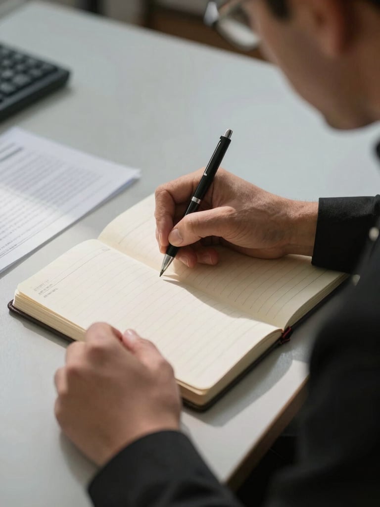 Documentary close-up of a chaplain's hands writing notes in a ruled notebook on a center desk, natural tungsten lamplight from the left, a printed form and pen visible nearby, shallow depth of field, no face shown