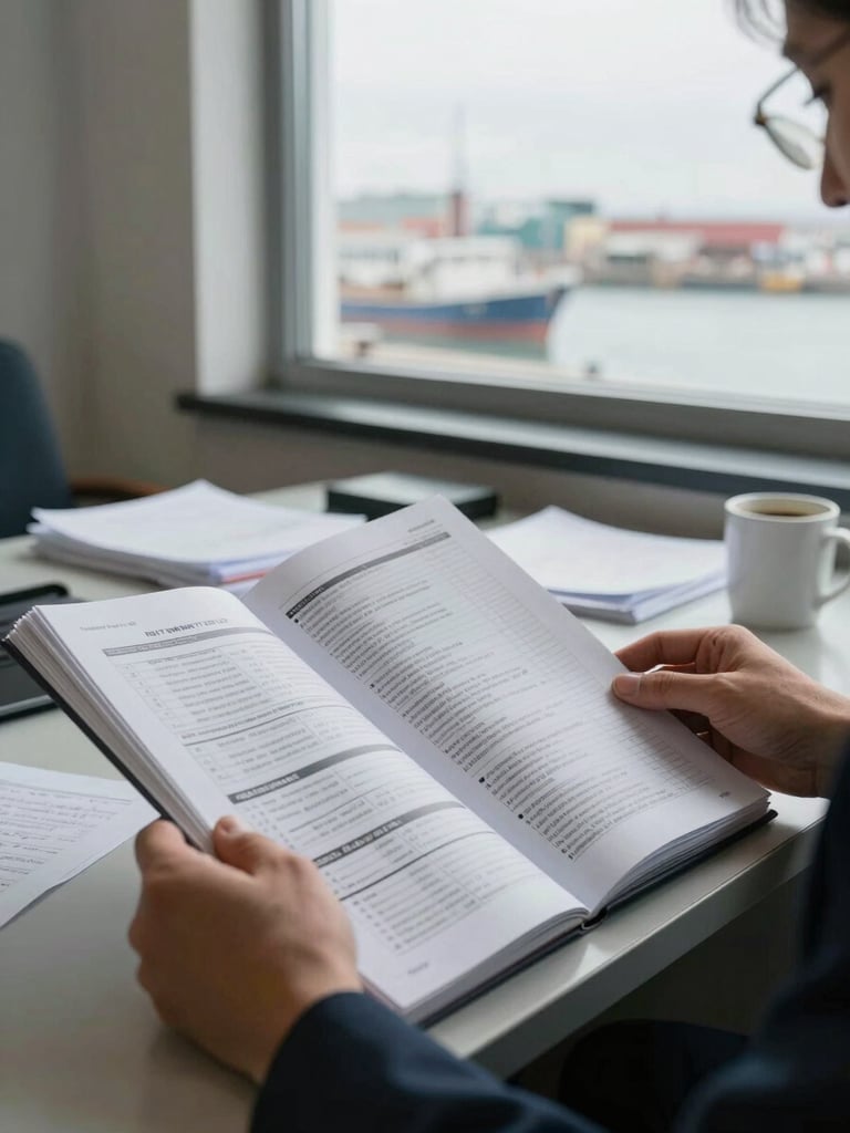 Close environmental shot inside a port chaplaincy office, hands turning pages of a printed field report on a desk, natural overcast daylight through a tall window, papers and a coffee mug visible in the background, documentary framing