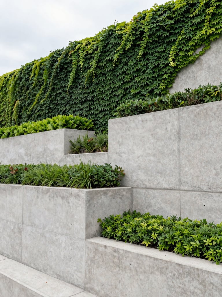 Close-up architectural shot of a massive concrete retaining wall with built-in drainage channels, lush green ivy and structured shrubs growing through engineered gaps, crisp overcast daylight.