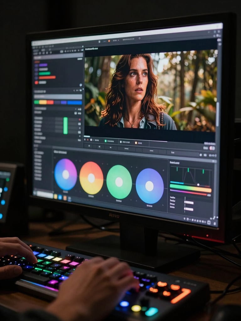 Extreme close-up of a professional color grading monitor displaying a richly graded cinematic frame, color wheels and scopes partially visible in the foreground, hands resting on a color grading panel with illuminated trackballs, deep studio darkness surrounding the monitor, high-contrast directional light on the equipment only