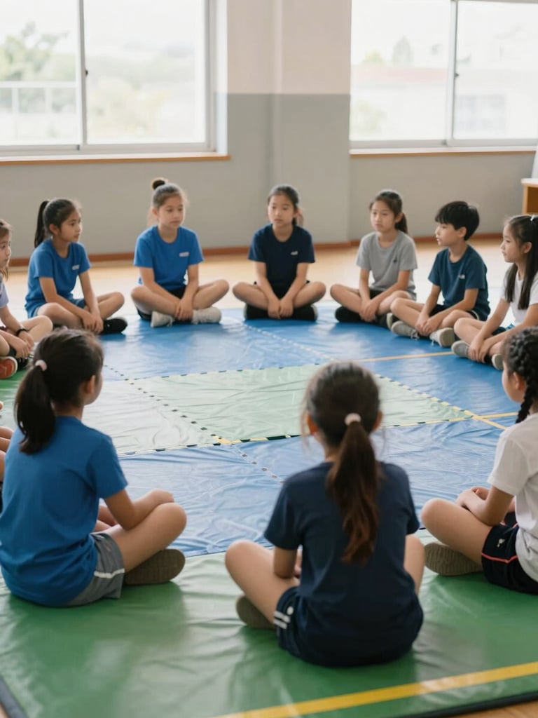Children sitting in a circle on colorful gym mats during a team-building workshop, soft natural window light, friendly atmosphere, 35mm lens