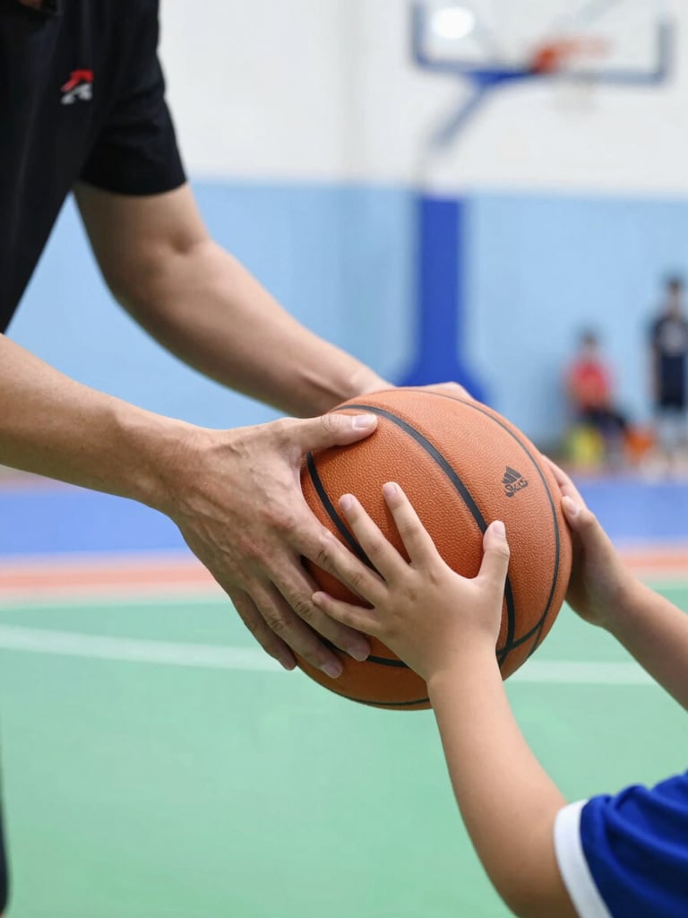 Close-up of a coach's hands guiding a child's hands on a basketball, bright indoor sports hall lighting, sharp focus, warm amber accents, 35mm lens