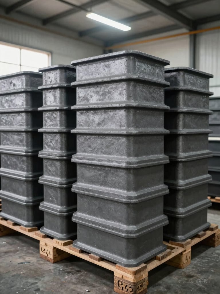 Close-up overhead shot of an organized casting floor section at Pavan Technocast — finished grey iron castings stacked in rows on pallets, surface texture and parting lines clearly visible, industrial ceiling lighting overhead, no people, natural light from side windows picking out dimensional edges