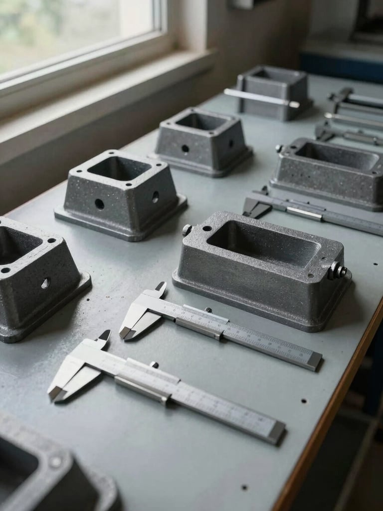 Wide environmental shot of an inspection bench with dimensional gauges and vernier calipers laid out beside finished grey iron castings, natural daylight from a side window, no people, flat-lay perspective from slightly above