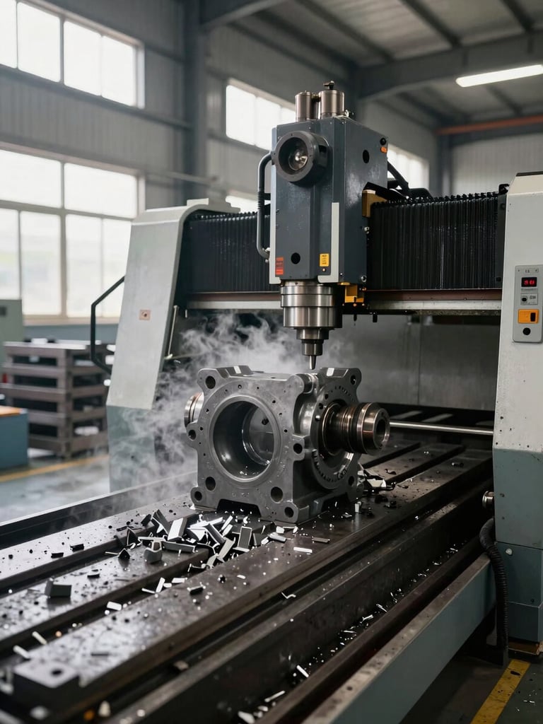 Wide environmental shot of a CNC machining centre at work on a grey iron casting, coolant mist visible, chips on the bed, organized workshop floor with casting racks in the background, natural daylight from high factory windows on the left side