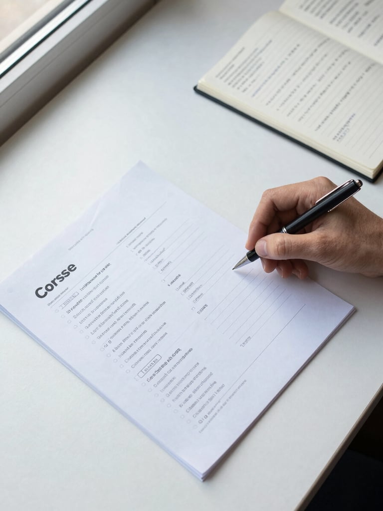 Overhead flat-lay of a desk with printed course outline pages, a pen held in a hand mid-annotation, and a open notebook with structured notes. Natural daylight from a window to the upper left. Clean, minimal surface. No screens, no people's faces.