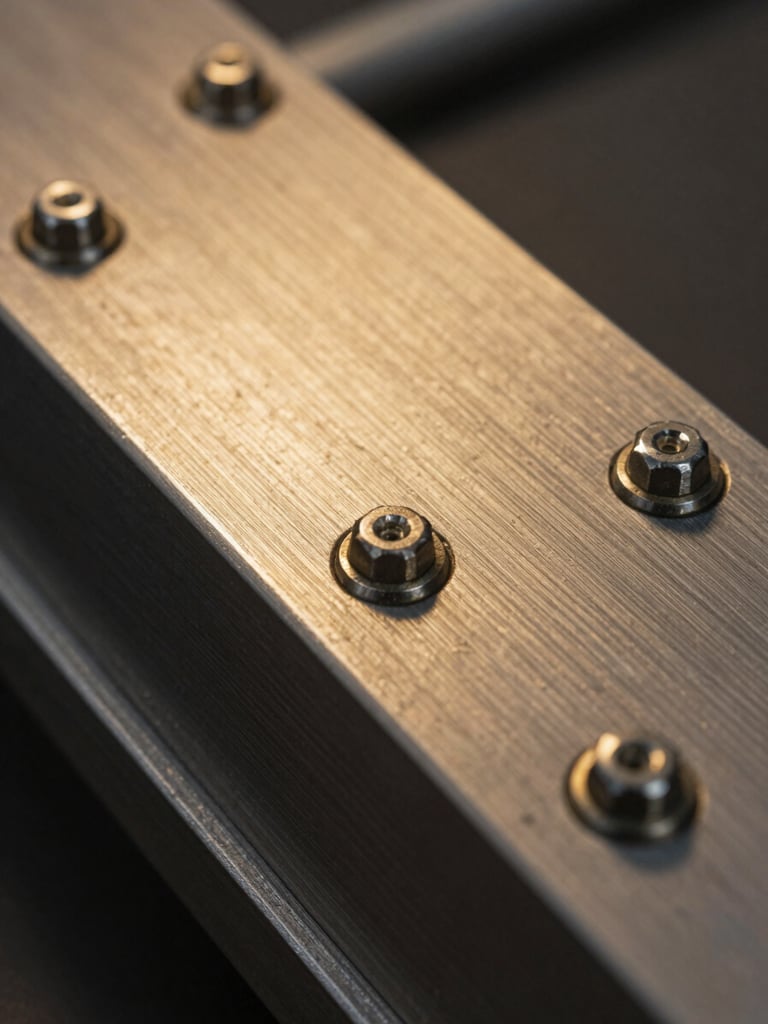 Extreme macro shot of dark brushed titanium plates bolted together, sharp yellow light reflecting off the metallic grain, creating a sense of impenetrable security.