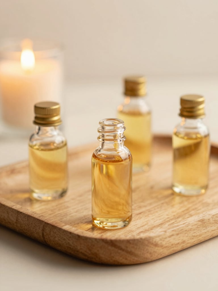 Golden massage oils in delicate glass vessels on a light wooden tray, soft candlelight, warm diffused lighting, shallow depth of field
